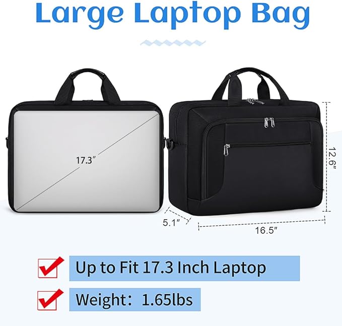 Laptop Bag 17.3 Inch Laptop Briefcase Large Waterproof Laptop Case for Men Women Business Office Work Computer Bag 17 Inch Adjustable Shoulder Messenger Bag, Black