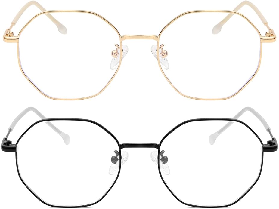 Polygon Blue Light Blocking Glasses for Women Men Retro Octagon Square Non-prescription Metal Frame Eyeglasses
