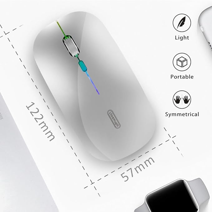 Uiosmuph LED Wireless Mouse, G12 Slim Rechargeable Silent Mouse, 2.4G Portable USB Optical Wireless Computer Mice with USB Receiver and Type C Adapter (Silver)
