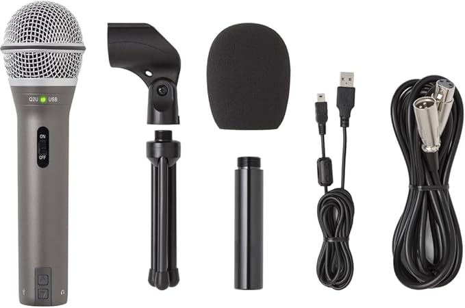 SAMSON Q2U Recording & Podcasting Pack | Gray Bundled with Pop Filter + Mic Arm + Microfiber Cleaning Cloth (4 Items)