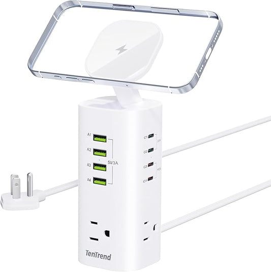160W Fast Charging Station, TenTrend Tower Power Strip Surge Protector with 3 AC Outlets & 8 USB Ports (4 USB-C), 5 FT Flat Plug Extension Cord with Multiple Outlets for Home Office Dorm Room