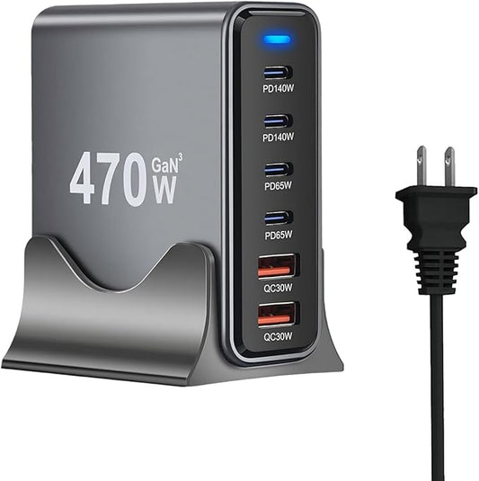 470W USB C Fast Charger Block, 6 Ports GaN III USB Chagring Station, Dual 140W PD PPS HUB for Multiple Devices, Laptop Adapter Compatible with MacBook Pro/Air iPad iPhone Pro Max, Galaxy, Dell, HP