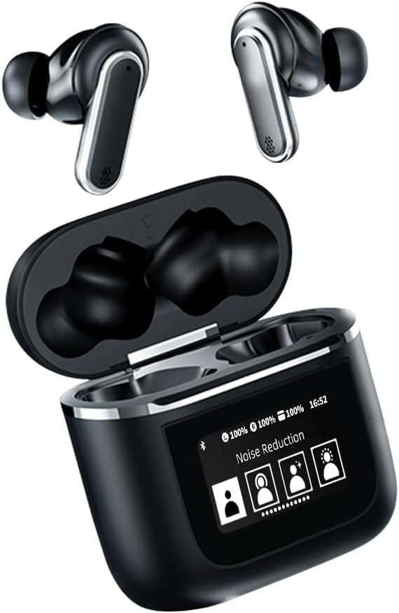 Acuvar Wireless Earbuds Bluetooth Headphones with LED Display, Stereo in Ear Noise Canceling Waterproof USB-C Headphones with Mic for iPhone Android iOS (Black)