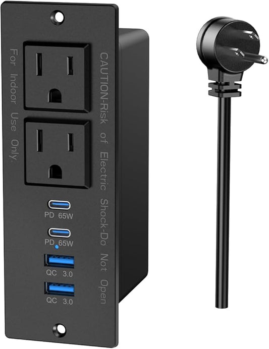 65W USB C Recessed Power Strip, Recessed Outlet with 2AC & 2 PD USB C + 2 QC USB-A Ports, Flush Mount Furniture Hidden Drawer Fast Charging Station for Home Office-6FT