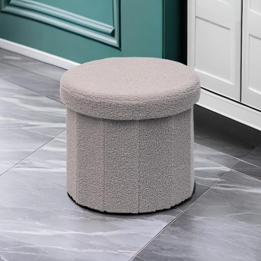B FSOBEIIALEO Storage Ottoman Cube, Round Ottomans with Storage Foot Stool Footrest for Lving Room, Boucle Ottoman Seat for Dorm Room,Faux Teddy Fur, Grey 15"x15"x13.19"