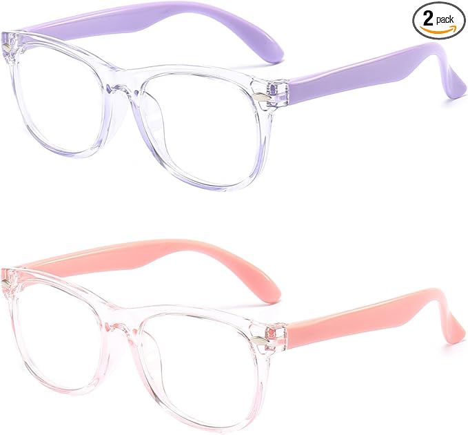 FANNYGO 2 Pack kids Blue Light Blocking Glasses For Girls And Boys Computer Blue Light Blocking Glasses For Age 3-11 (Light purple + Light pink)