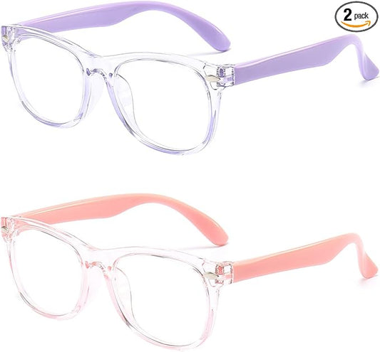FANNYGO 2 Pack kids Blue Light Blocking Glasses For Girls And Boys Computer Blue Light Blocking Glasses For Age 3-11 (Light purple + Light pink)