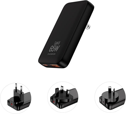 65W Slim GaN USB C Charger Block, Foladable Fast Travel Charger with UK/EU/AU 3 Plugs, 2-Port International Power Adapter for MacBook Air/Pro, iPhone 17/16/15, iPad, Galaxy S25/S24,（2026 New）