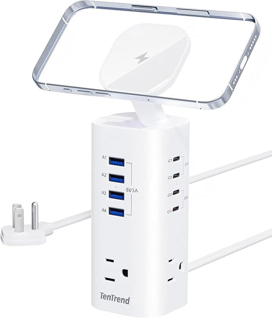 115W Fast Charging Station, TenTrend Power Strip Tower Surge Protector, 5FT Extension Cord with 3AC Outlets & 8 USB Ports(4 USB-C), Flat Plug Charging Tower for Home, Office Supplies, Dorm Room
