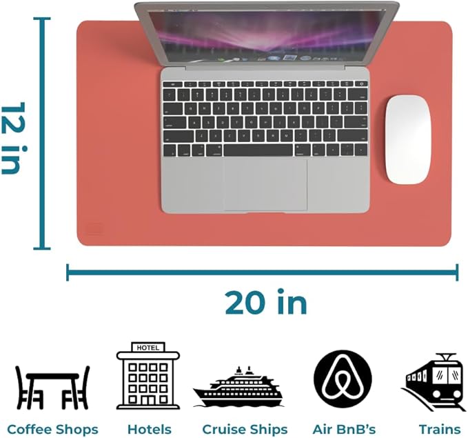 BLACK+DECKER Small Travel Desk Mat, Office Desk Pad, Computer Mat, Laptop Pad for Mobile Office, Computer Furniture Protector, Compact for Carry-On Bags, Ideal for Travel & Work (12"x 20"), Coral