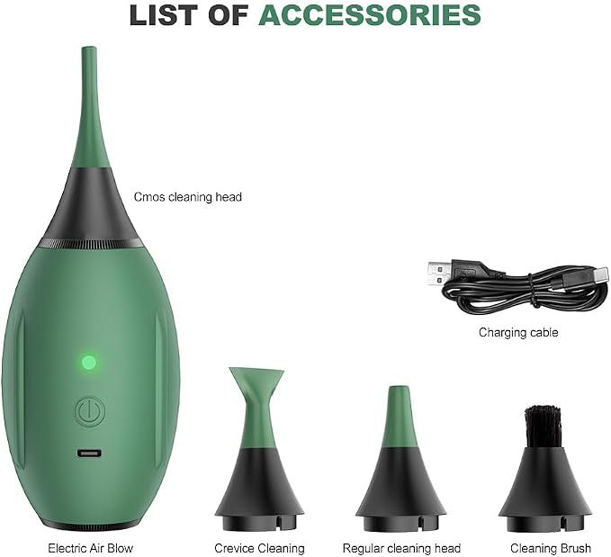 LENSGO Electric Air Blow,Camera Cleaning Kits with 4 Cleaning Heads for CMOS/Regular/Crevice Clean and Brush, 4.0kPa Dust Removal Type C Charge (Green) - Image 6