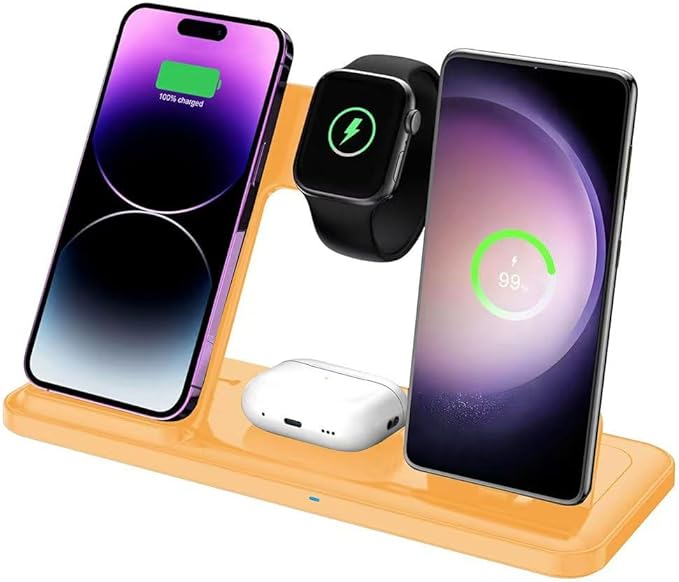 Wireless Charger for iPhone Charging Station, Foldable 4 in 1 Fast Charging for iPhone 16 15 14 13 12 Pro Max Plus, Charger Stand for Apple Watch & Airpods 4 3 2 Pro,for Samsung Series Yellow