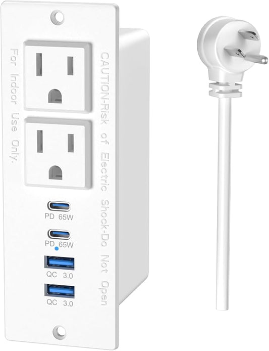 65W USB C Recessed Power Strip, Recessed Outlet with 2AC & 2 PD USB C + 2 QC USB-A Ports, Flush Mount Furniture Hidden Drawer Fast Charging Station for Home Office-6FT
