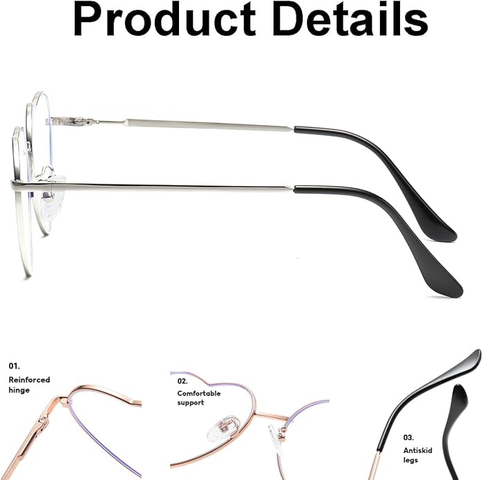 JOVAKIT Heart Shaped Blue Light Blocking Glasses for Women Fashion Vintage Lovely Style Metal Frame Eyeglasses
