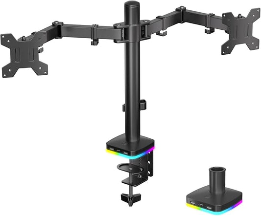 Afaloona RGB Dual Monitor Desk Mount, Monitor Stand with 3 USB Ports, Charging and USB Data Transfer Function, Adjustable Arms for 13-27" Monitors up to 17.6lbs, VESA 75x75-100x100mm,Ergonomic Design