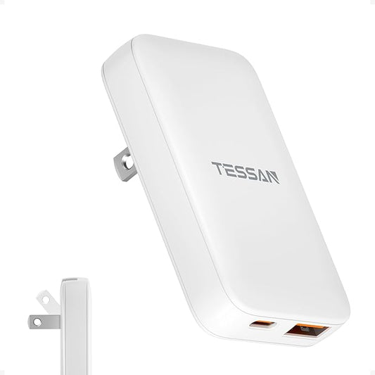 Flat Wall Charger USB C PD 65W, TESSAN Flat USB Wall Plug Foldable, Outlet Adapter Fast Charging Block, Ultra Slim Charger Compatible with iPhone 17/16/15 Series and Samsung Galaxy Models, Travel