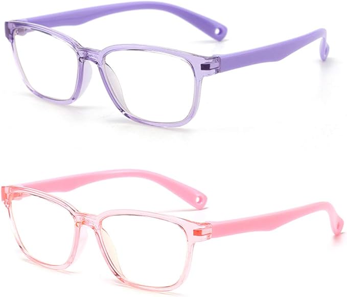 Kids Blue Light Blocking Glasses 2 Pack, Anti Eyestrain & UV Protection, Computer Gaming TV Phone Glasses for Boys Girls Age 3-9 (Transparent Purple+ Transparent Pink)