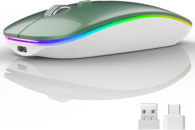 Uiosmuph LED Wireless Mouse, G12 Slim Rechargeable Silent Mouse, 2.4G Portable USB Optical Wireless Computer Mice with USB Receiver and Type C Adapter (Blacklish Green)