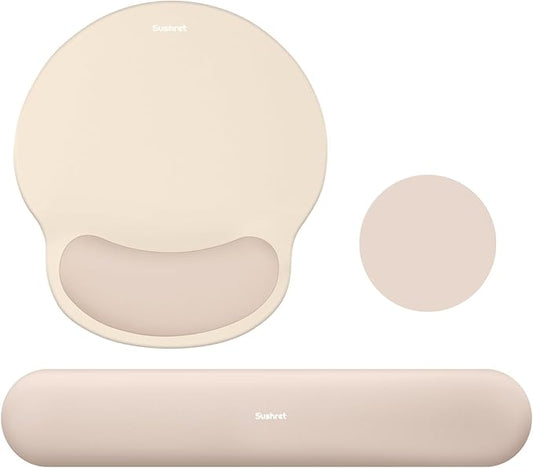 Sushret Mouse Pad and Keyboard Wrist Rest, 3-in-1 Gel Memory Foam Ergonomic Mouse Pad with Wrist Rest Set, Gaming Mousepad Arm Cushion Support for Computer Office Desk Accessories Cute Setup,Apricot