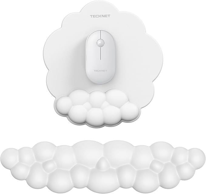 TECKNET Cloud Mouse Pad with Wrist Rest, Ergonomic Cloud Wrist Rest with Non-Slip Base, PU Leather Memory Foam Mouse Pad Wrist Support for Keyboard and Mouse, Pain Relief for Typing, Gaming, White
