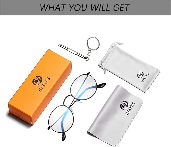 HJSTES Round Blue Light Glasses for Women Men Retro Circle Clear Lens Metal Frame Eyeglasses