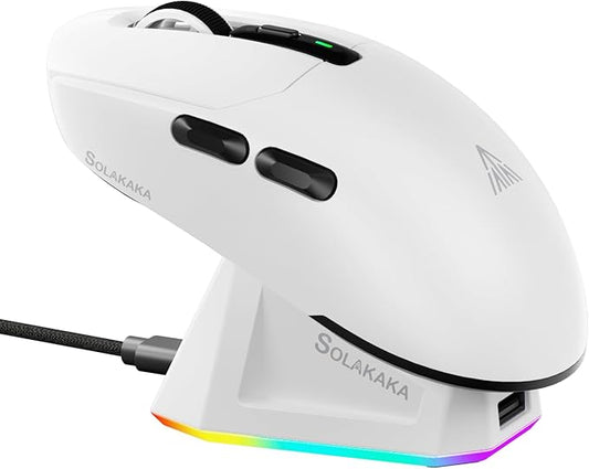 SOLAKAKA SM820 Wireless Gaming Mouse with RGB Charging Dock,24000 DPI Tri-Modes Wireless Mouse with 2 Side Buttons,Programmable Macro Mouse for Gaming(White)