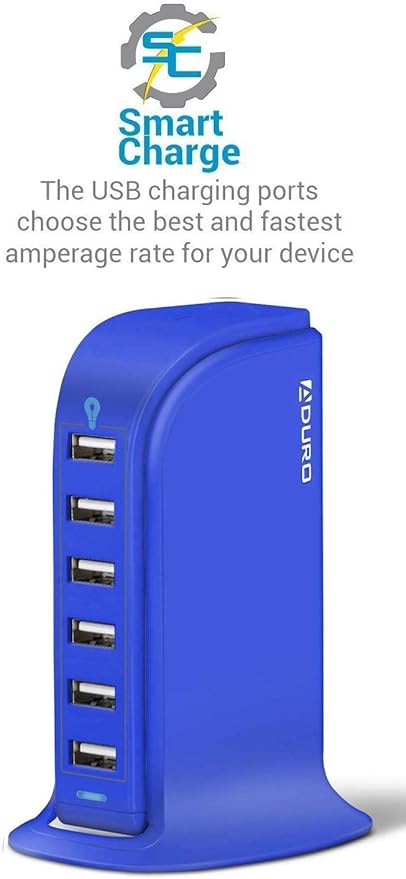 Aduro 40W 6-Port USB Desktop Charging Station Hub Wall Charger for iPhone iPad Tablets Smartphones with Smart Flow (Blue)