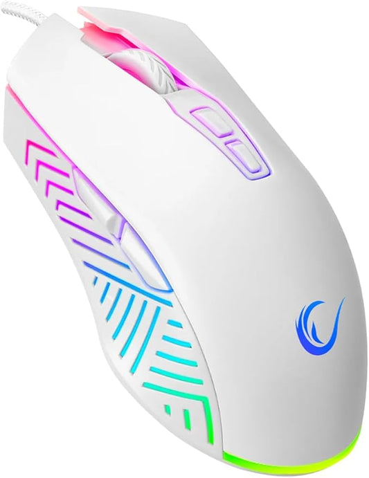 Rampage Spear V2 White Wired Gaming Mouse with RGB Lighting ?€? 12800 DPI, 7 Programmable Buttons, Lightweight Ergonomic Gaming Mouse for PC/Mac/Laptop Gamers