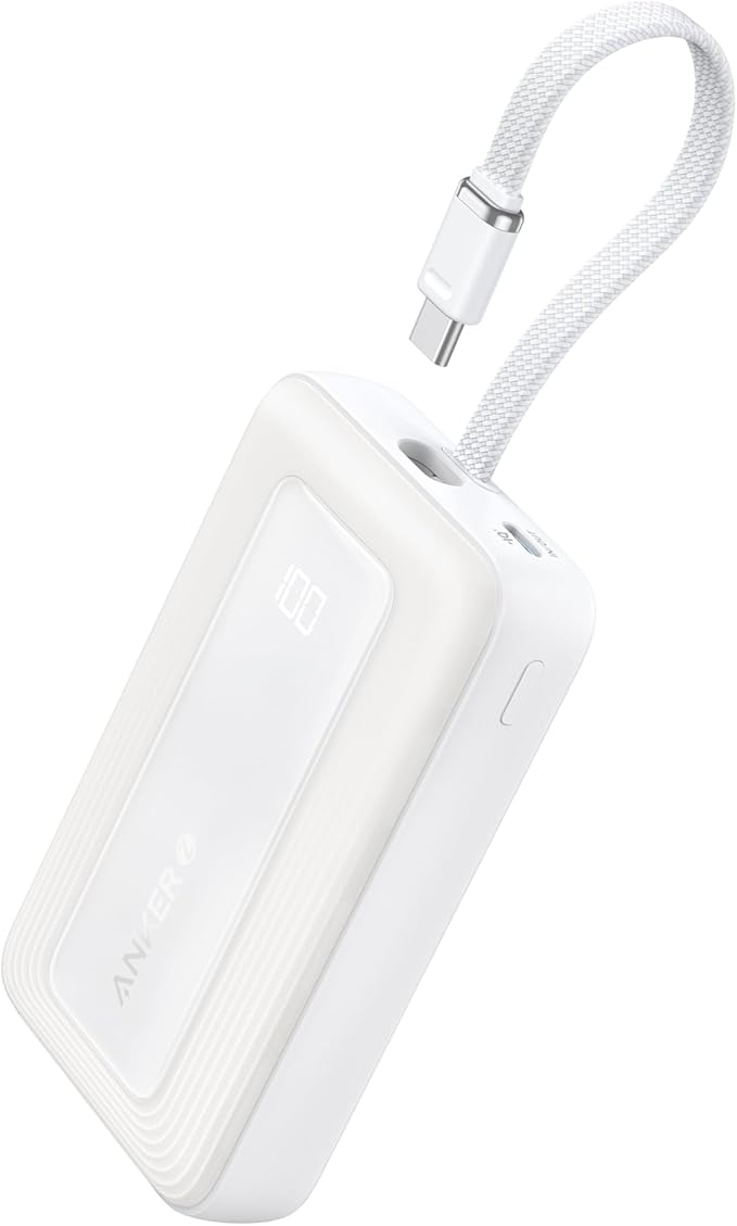 Anker Portable Charger, 10,000mAh 30W Power Bank, USB-C in and Out Fast Charging Battery Pack, Travel Essential Phone Power Bank, for iPhone 17/16, Galaxy and More (White, 10000, Milliamp Hours)