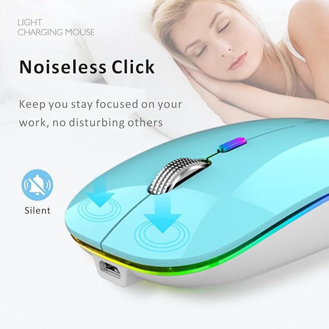 Uiosmuph LED Wireless Mouse, G12 Slim Rechargeable Silent Mouse, 2.4G Portable USB Optical Wireless Computer Mice with USB Receiver and Type C Adapter (Blue)