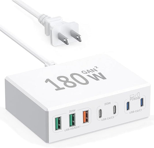 sccvee USB-C GaN 180W 7-Port Fast Charger - Compatible with MacBook, iPhone 12/13/14/15, Smartphones, Tablets & Other USB Devices