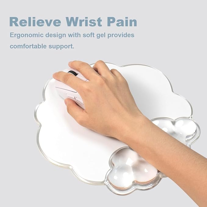 Cloud Mouse Pad with Gel Wrist Support for Mouse - Clear Ergonomic Mousepad with Non-Slip Base and Cute Coaster for Computer Keyboard Typing Pain Relief/Laptop/Home/Office