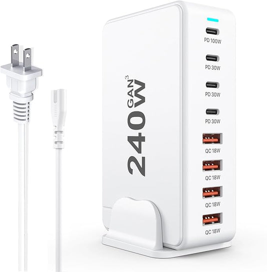 USB C Charger, 240W GaN 8 Port USB Fast Block, PD100W Multi-Port Charging Station, Power Adapter Plug for Samsung/iPhone/Google, Laptop Charger for MacBook Pro/Air
