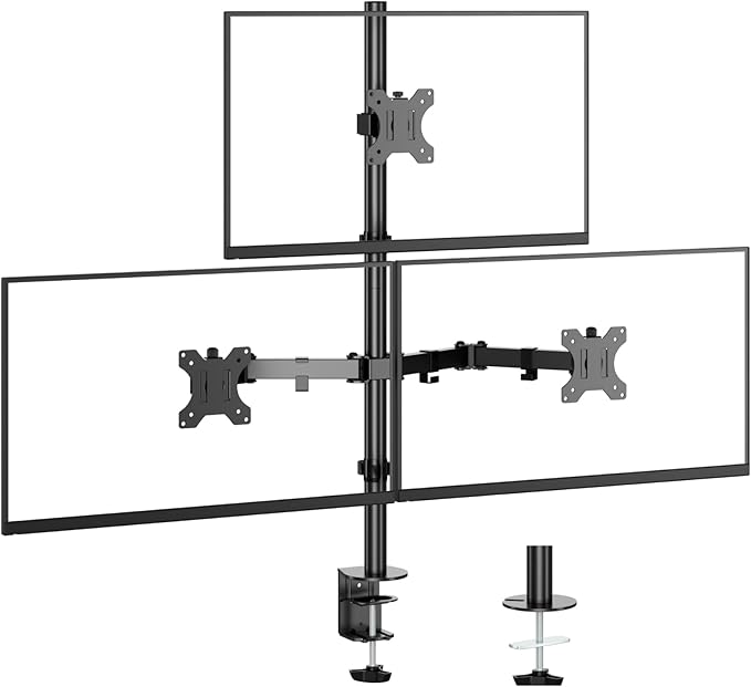 UPGRAVITY 3 Monitor Desk Mount for 17 to 32 inch Screens, Fully Adjustable Triple Monitor Stand with Tilt,Swivel,Rotate, Each Arm Holds up 17.6 lbs,VESA Mount 75x75/100x100mm, Clamp & Grommet Kit