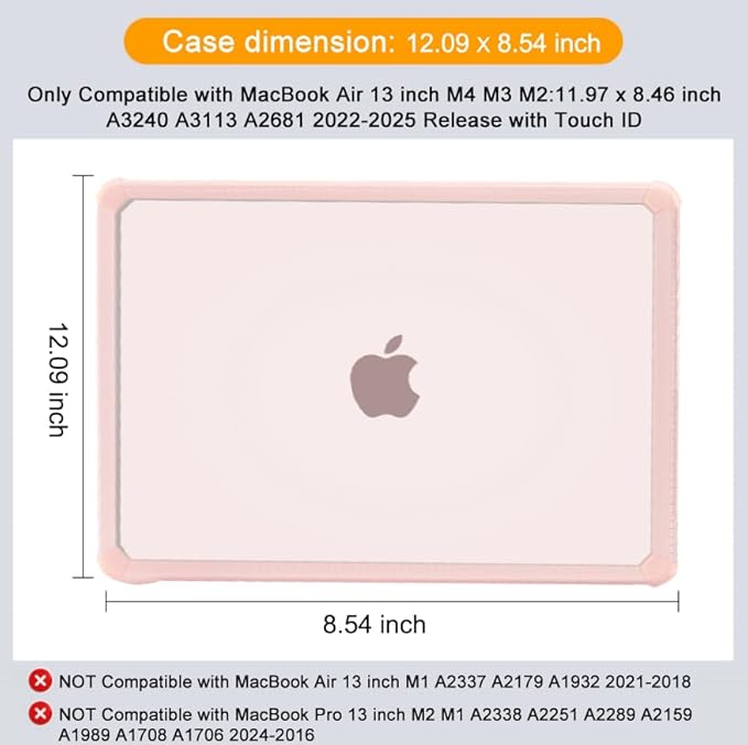 MOSISO Compatible with MacBook Air 13 inch Case M5 2026 M4 2025 M3 M2 2024-2022 A3449 A3240 A3113 A2681,3 in 1 Kit Crack-Resistant Heavy Duty Protective Plastic Hard Case with TPU Bumper, Pink