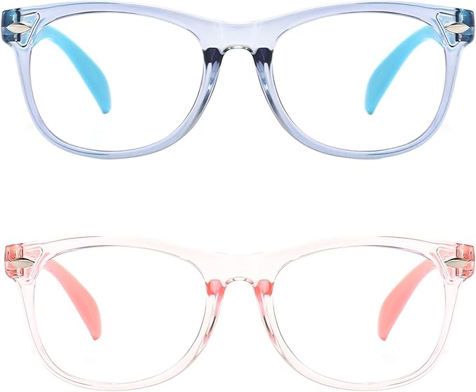 FANNYGO 2 Pack kids Blue Light Blocking Glasses For Girls And Boys Computer Blue Light Blocking Glasses For Age 3-11 (Light blue + Light pink)