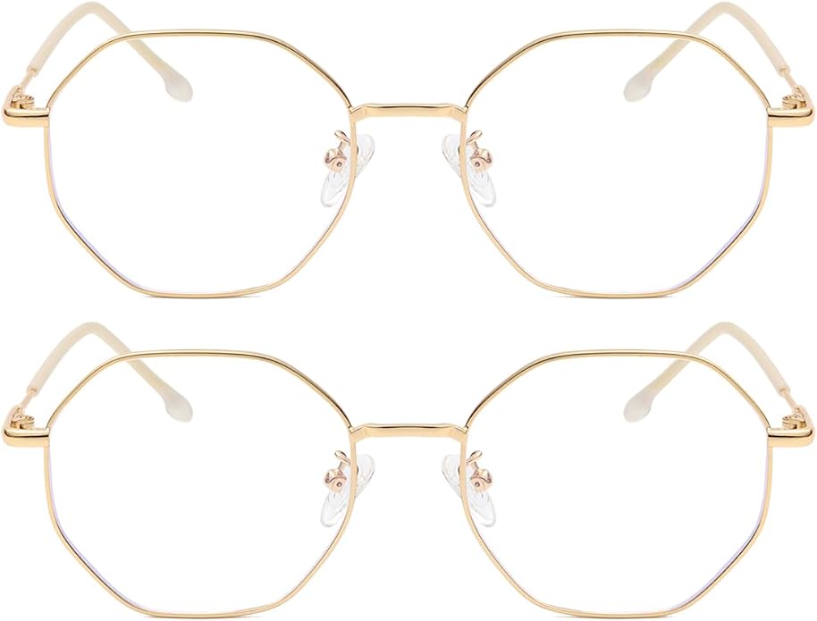 Polygon Blue Light Blocking Glasses for Women Men Retro Octagon Square Non-prescription Metal Frame Eyeglasses