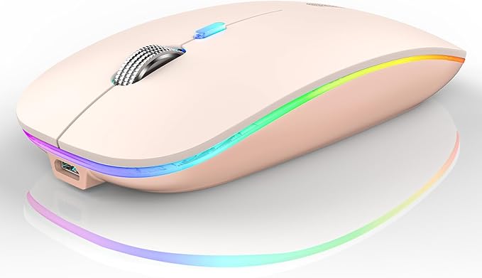 Uiosmuph LED Wireless Mouse, G12 Slim Rechargeable Silent Mouse, 2.4G Portable USB Optical Wireless Computer Mice with USB Receiver and Type C Adapter (Nude Pink)