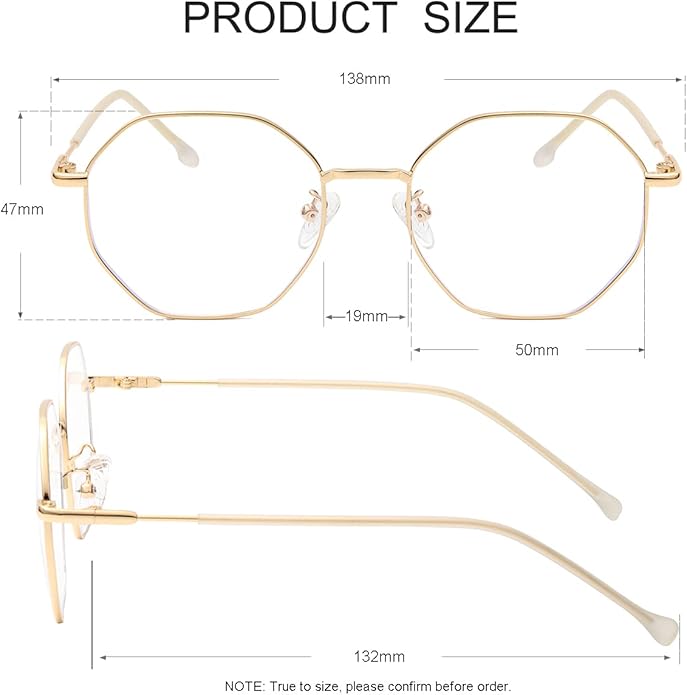 JOVAKIT Polygon Blue Light Blocking Glasses for Women Men Vintage Octagon Square Non-prescription Metal Eyeglasses