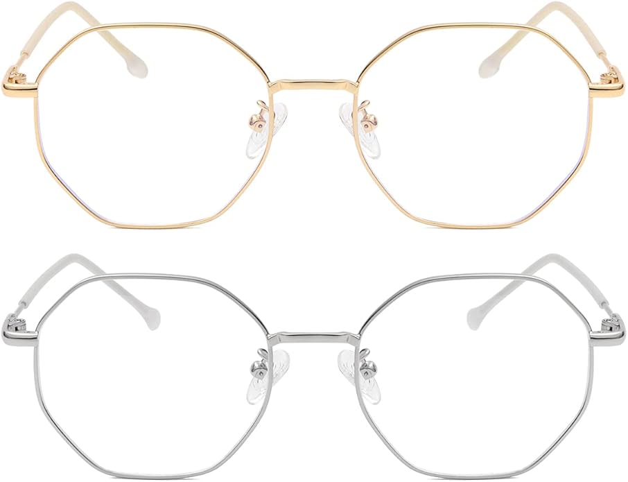 Polygon Blue Light Blocking Glasses for Women Men Retro Octagon Square Non-prescription Metal Frame Eyeglasses