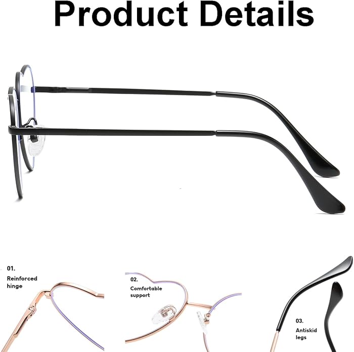 JOVAKIT Heart Shaped Blue Light Blocking Glasses for Women Fashion Vintage Lovely Style Metal Frame Eyeglasses