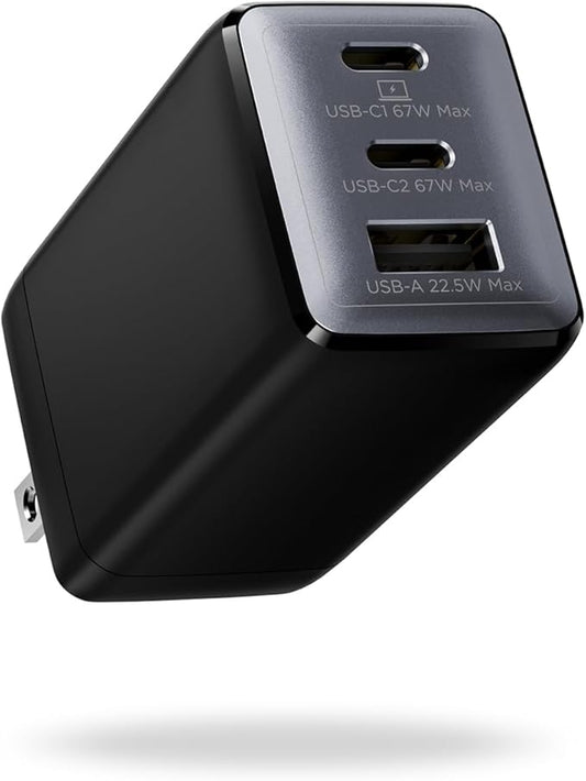 67W USB C Charger, 3-Port GaN Fast Charging Block with Foldable Plug, Compatible with MacBook Pro/Air, iPad Pro, iPhone 16/15/Pro, Galaxy S25/S24, Note20, Pixel, Apple Watch, (Black)