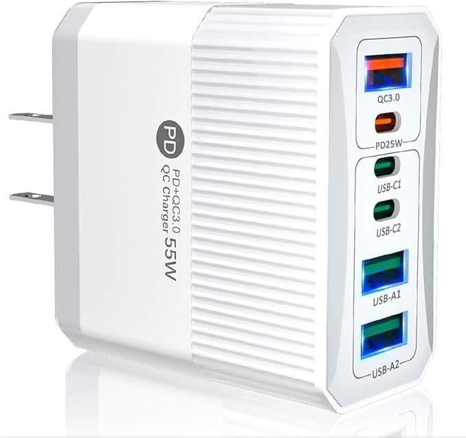 USB C Fast Charger 55W 6-Port Type C Wall Charger Block 55W USB-C Charging Station Power Adapter PD 25W QC3.0 Portable Type C Charging Block Cube for iPhones 15 14 12 Pro Max Pixel Note Galaxy Xiaomi