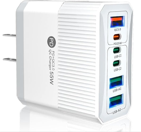 USB C Fast Charger 55W 6-Port Type C Wall Charger Block 55W USB-C Charging Station Power Adapter PD 25W QC3.0 Portable Type C Charging Block Cube for iPhones 15 14 12 Pro Max Pixel Note Galaxy Xiaomi