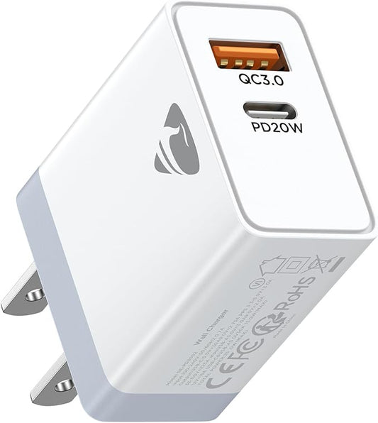 USB C Charger Block, Type C Fast Charging Blocks [PD 20W USB-C & QC 3.0 USB-A Port] USB Wall Plug Cube Wall Adapter USBC Charger Block Compatible with iPhone 16 15 14 13 12 11 Pro Max XR XS 8, Samsung