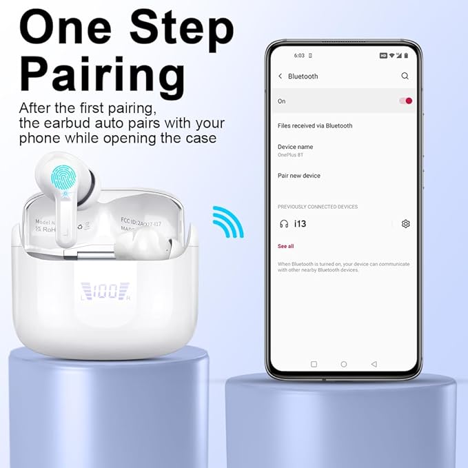 Wireless Earbuds, Bluetooth 5.3 Headphones 2025 NEW Ear Buds 40H Bass Stereo in-Ear Earphones ENC Noise Cancelling Earbuds with 4 HD Mic, USB-C LED Display IP7 Waterproof Sport Headset for Android iOS