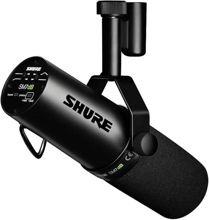 Shure SM7dB Dynamic Vocal Microphone with Built-in Preamp – Studio Mic for Streaming, Podcasting, and Recording – Smooth Sound, Wide Frequency Range, Rugged Build, Windscreen Included, XLR, Black