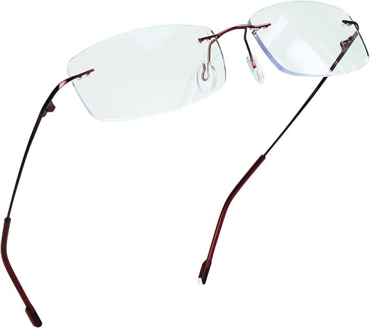 LifeArt Blue Light Blocking Computer Reading Glasses,Men's and Women's Rimless Frame (Red, +1.00 Magnification)