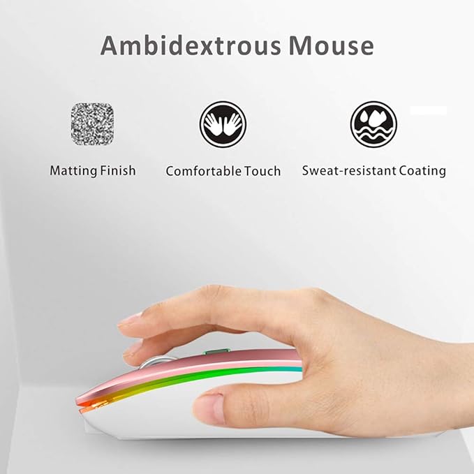 Uiosmuph LED Wireless Mouse, G12 Slim Rechargeable Silent Mouse, 2.4G Portable USB Optical Wireless Computer Mice with USB Receiver and Type C Adapter (Pink)