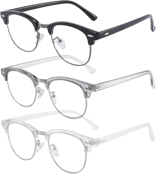 SOAR&EAGLE 3 Pack Blue Light Blocking Glasses,Computer Gaming Glasses,Retro Semi Rimless UV400 Clear Lens Computer Eyewear